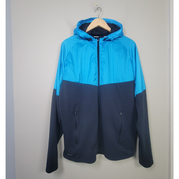 Nike Running Mens XL Dri-FIT Full Zip Hoodie Jacket Lightweight Blue Black - Picture 1 of 11